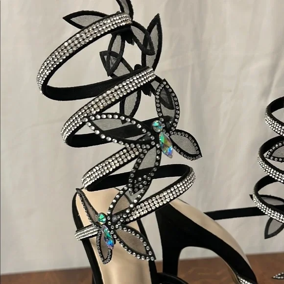 Elegant Black Strappy Heels with Rhinestone Accents - Picture 3 of 9